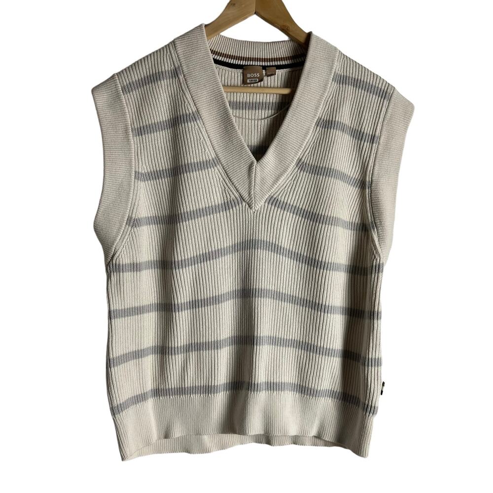 BOSS Hugo Relaxed Fit Cotton Silk Striped V-Neck Sleeveless Vest Sweater Size XL - Picture 6 of 13